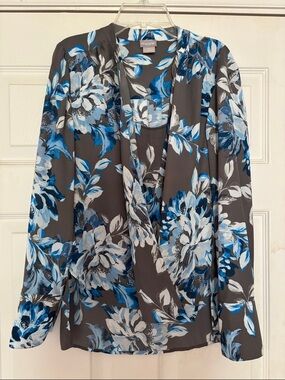 Chico's Gray Floral Surplice Blouse with Blue Accents